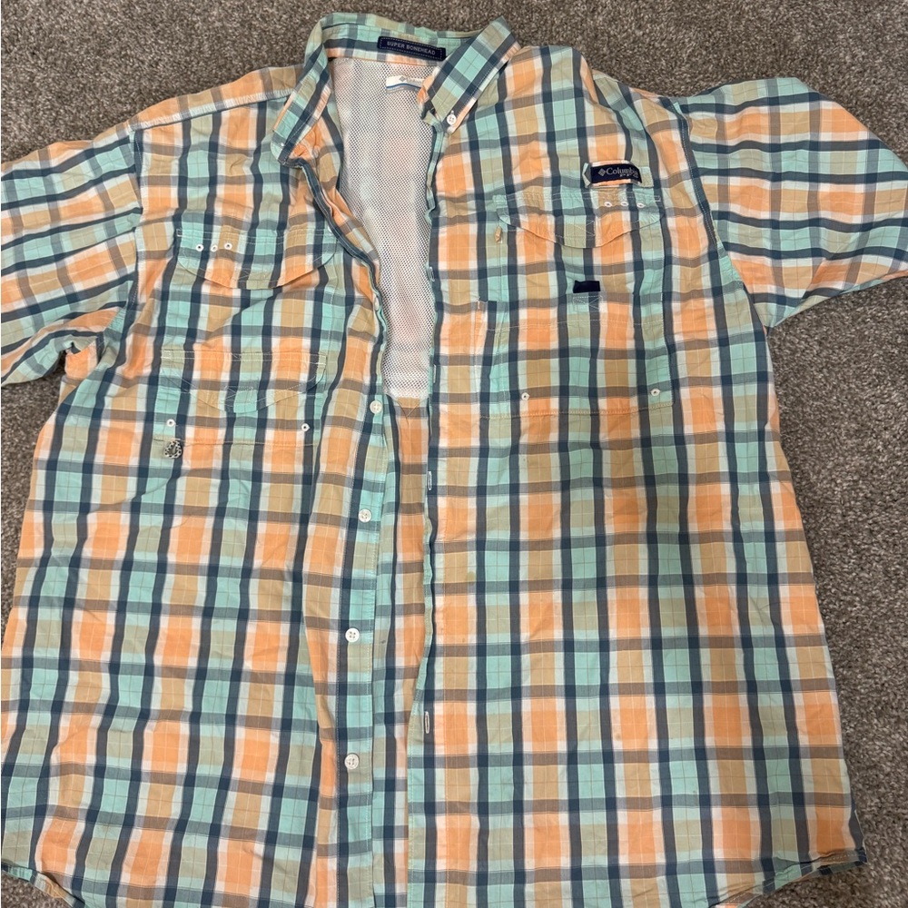 Columbia Men's Short Sleeve Plaid Shirt - Orange and Blue